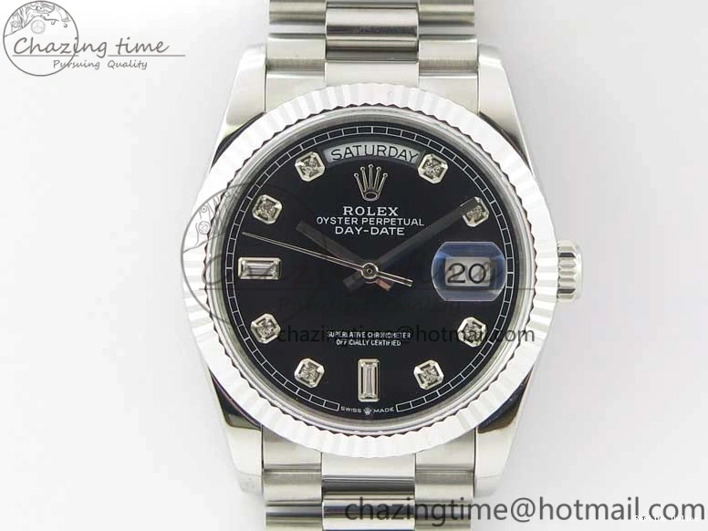 0415 TopPick Day-Date 36 SS 128239 Bp Maker Best Edition Black Dial Crystral Markers on President Bracelet 3149
